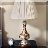 D10. Glass lamp painted with gold leaves. 30&rdquo;h 